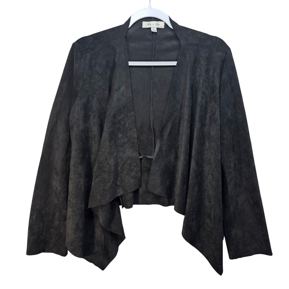 She and Sky Faux Suede Cardigan Jacket Womens L Waterfall Drape Front Black
